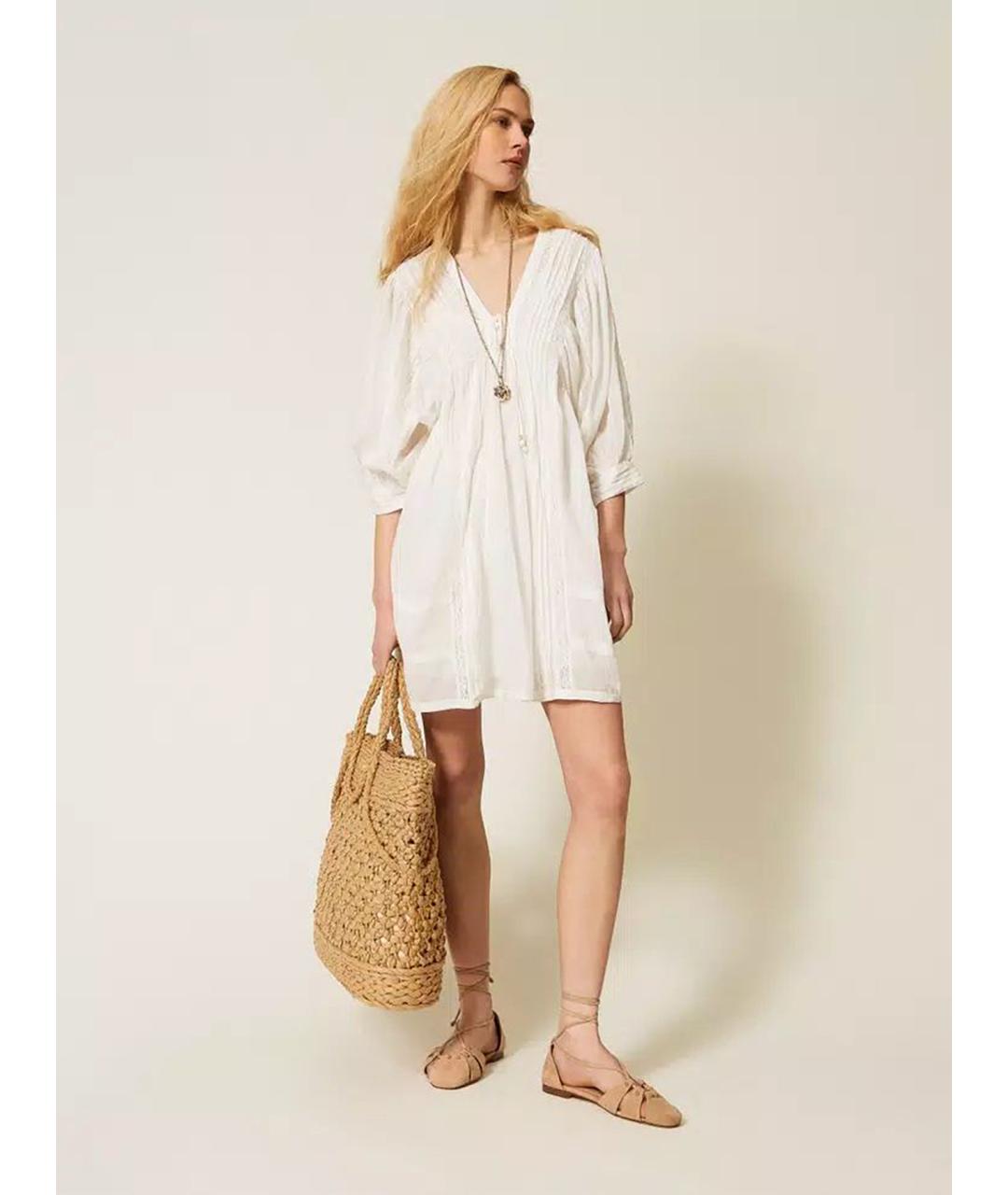 TWIN-SET Белое хлопковое повседневное платье, фото 2