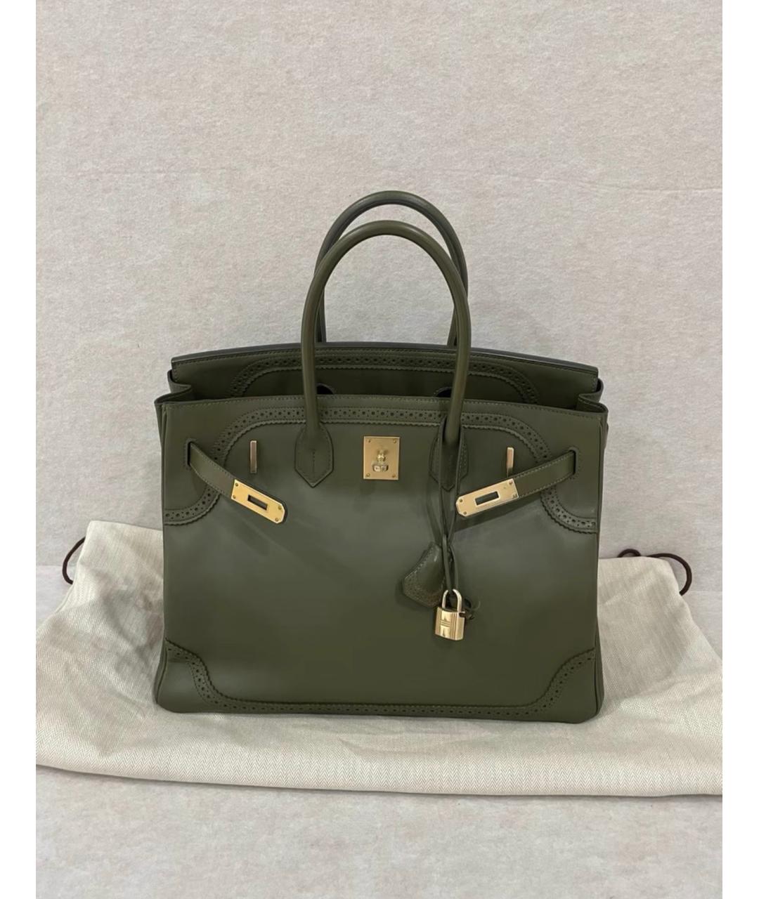HERMES Хаки кожаная сумка с короткими ручками, фото 2