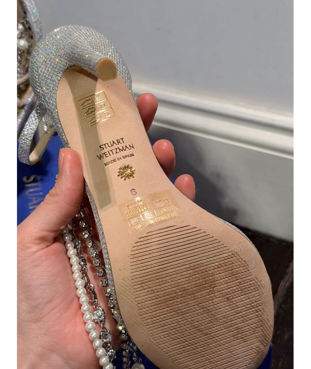 STUART WEITZMAN Серебряные текстильные босоножки, фото 7