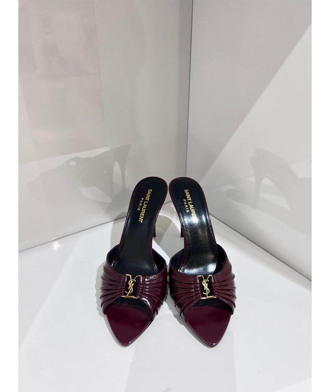 SAINT LAURENT Бордовые кожаные мюли, фото 2