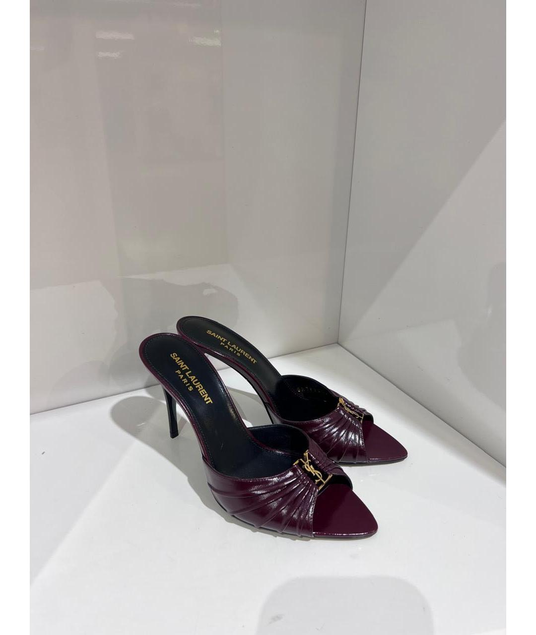 SAINT LAURENT Бордовые кожаные мюли, фото 3