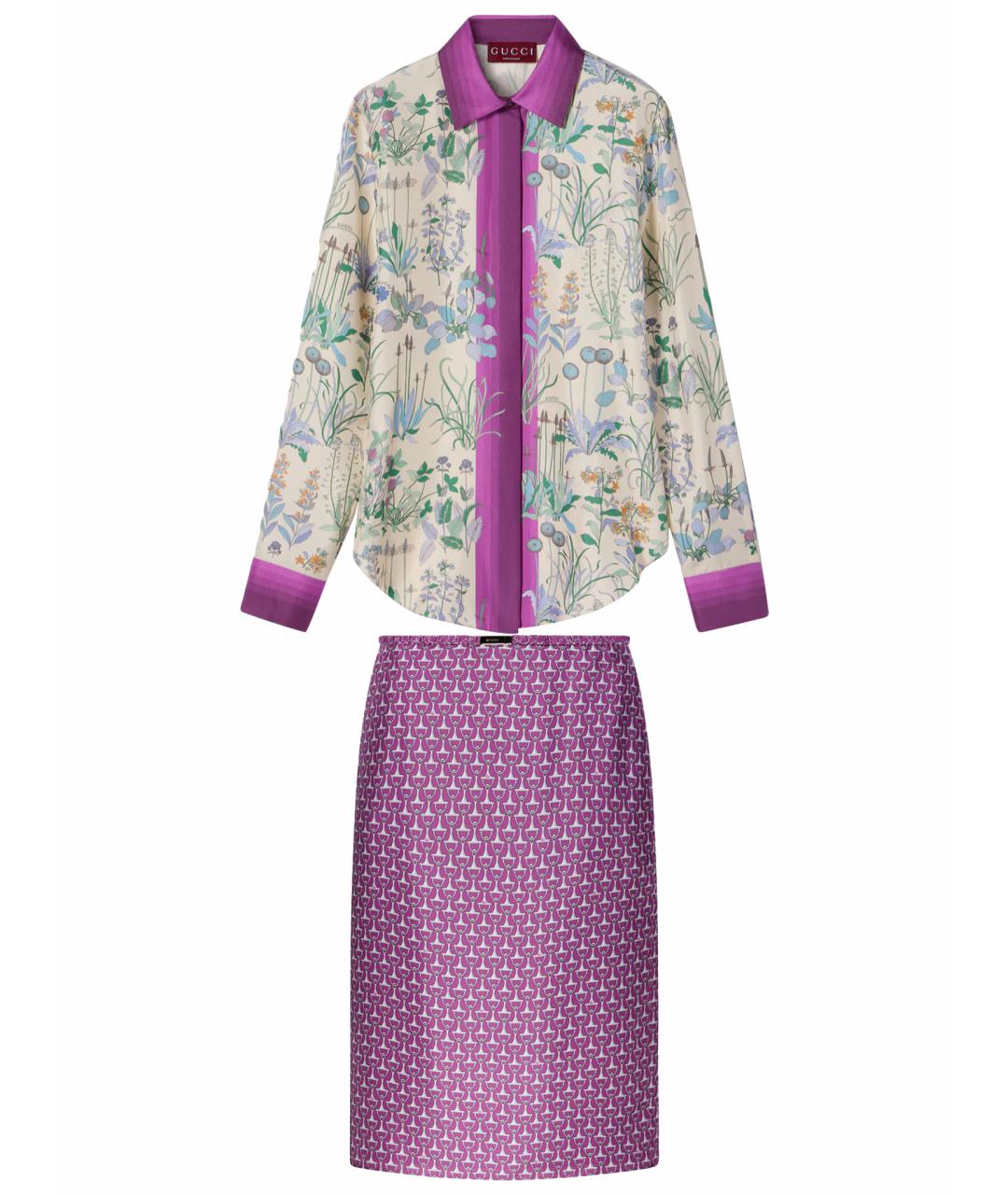 GUCCI Фиолетовый шелковый костюм с юбками, фото 1