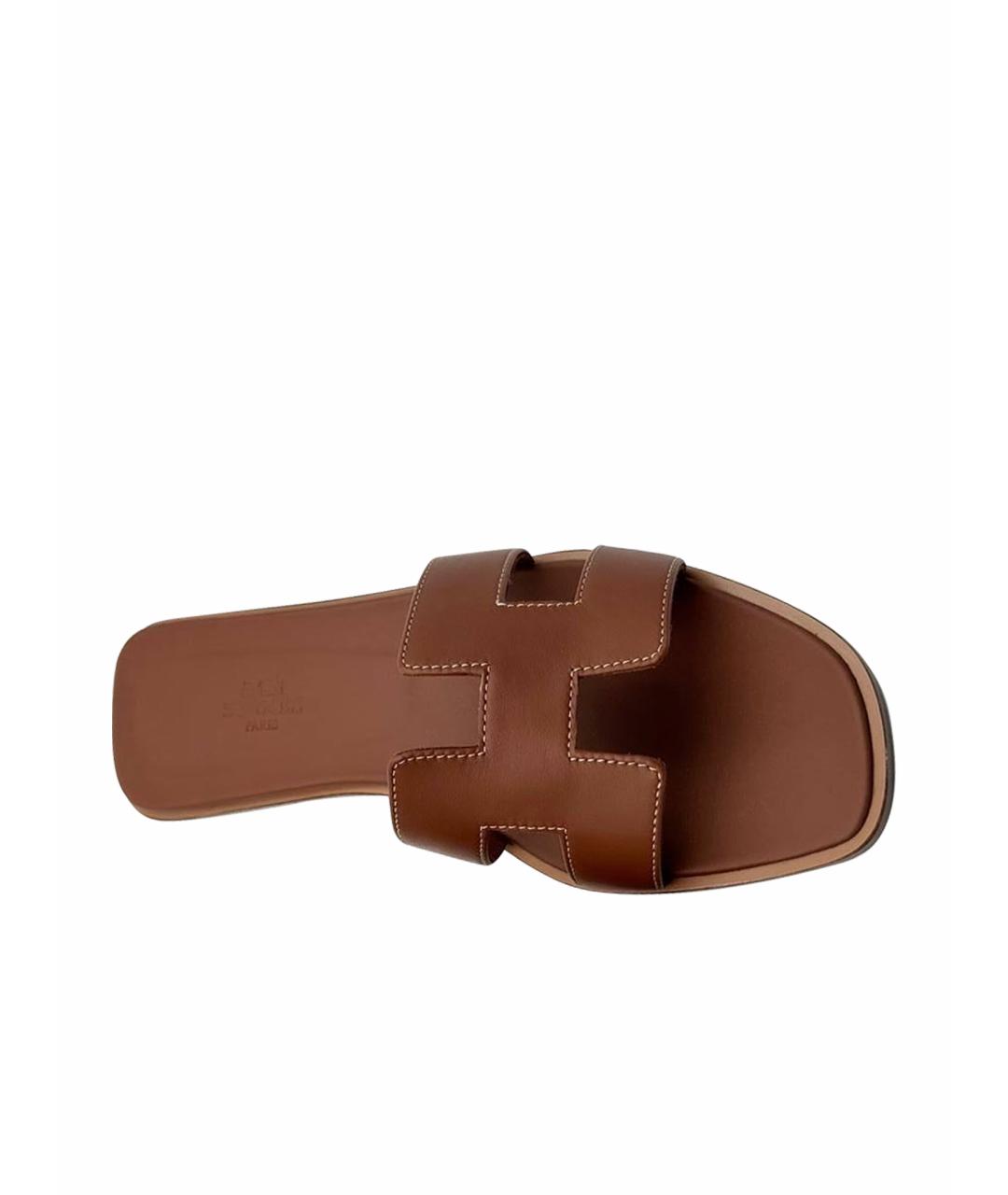 HERMES Коричневые кожаные шлепанцы, фото 1