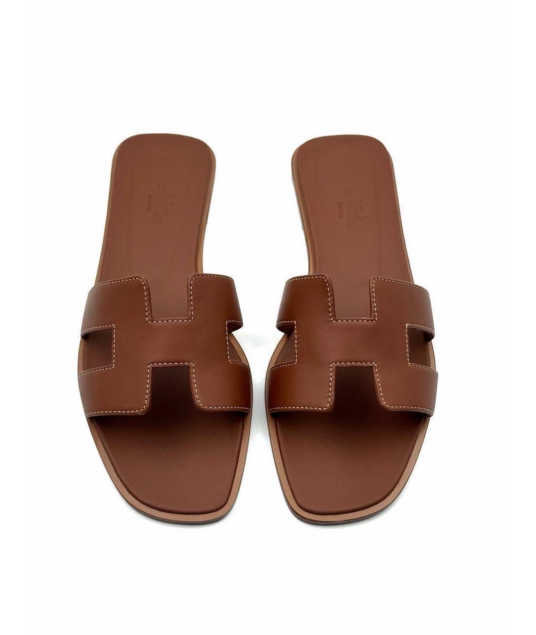 HERMES Коричневые кожаные шлепанцы, фото 7
