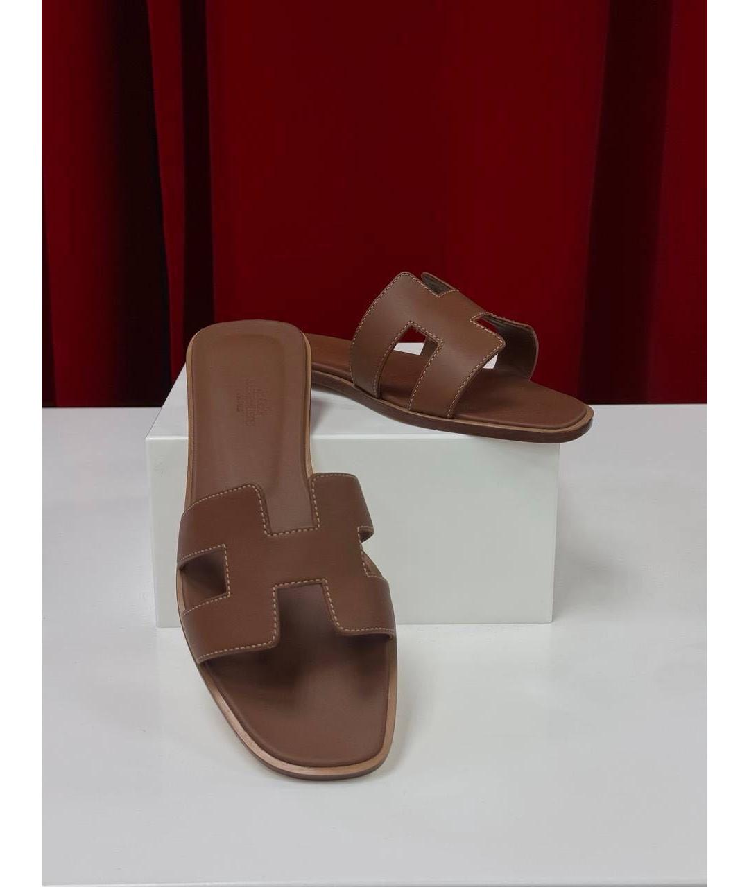 HERMES Коричневые кожаные шлепанцы, фото 5