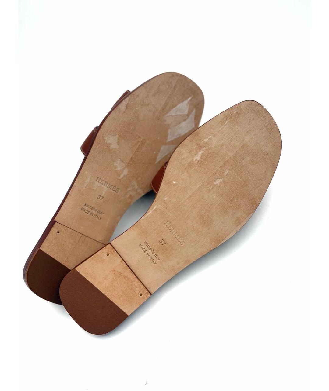 HERMES Коричневые кожаные шлепанцы, фото 6