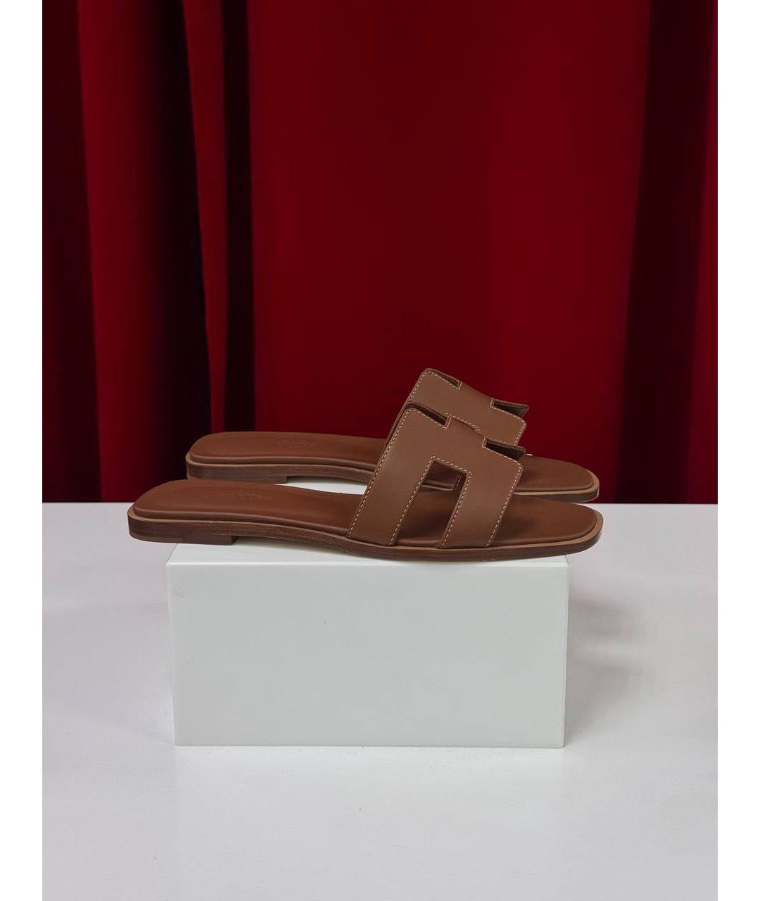 HERMES Коричневые кожаные шлепанцы, фото 4
