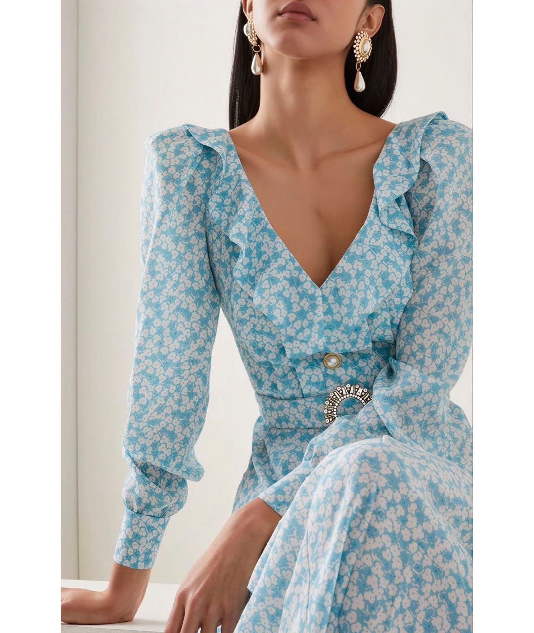 ALESSANDRA RICH Голубое шелковое повседневное платье, фото 2