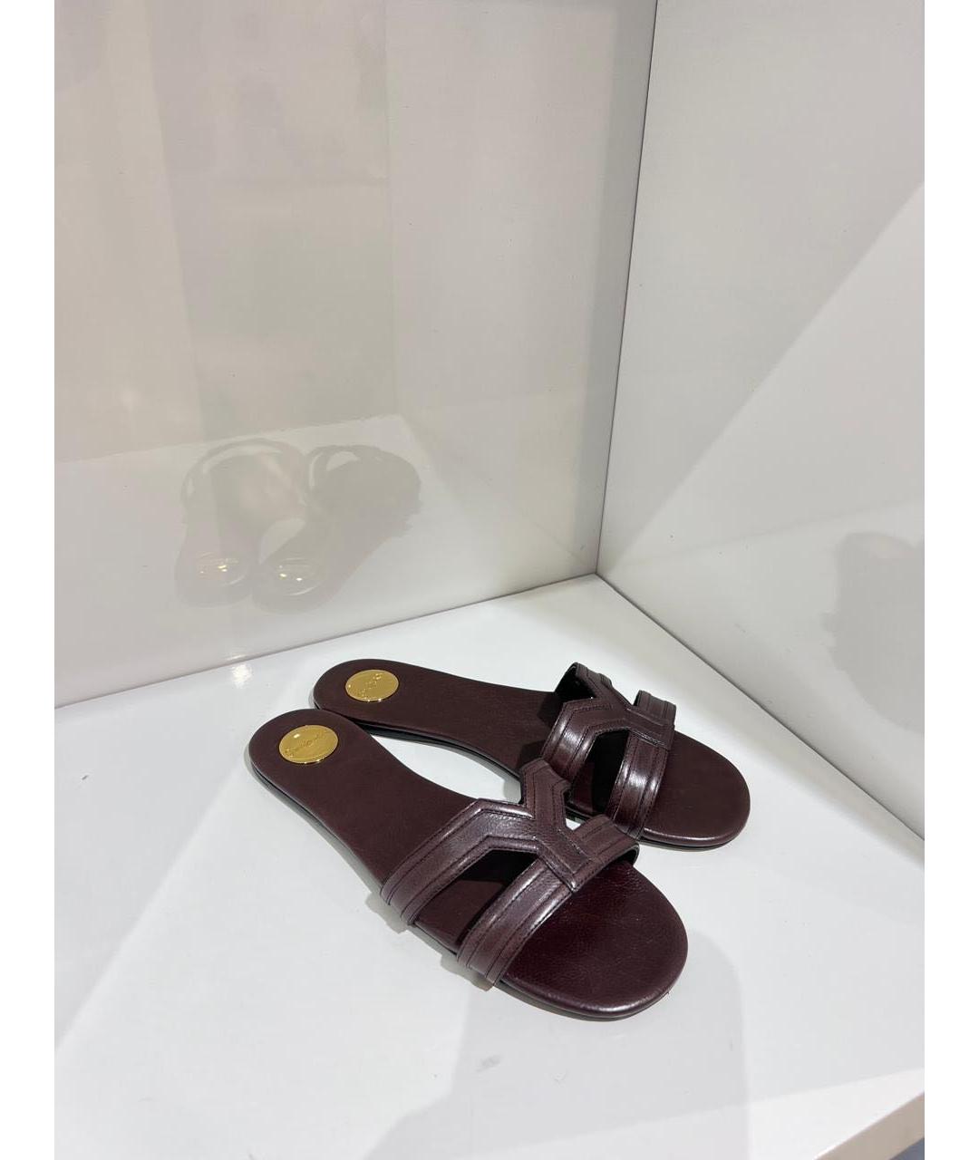 SAINT LAURENT Коричневые кожаные шлепанцы, фото 2