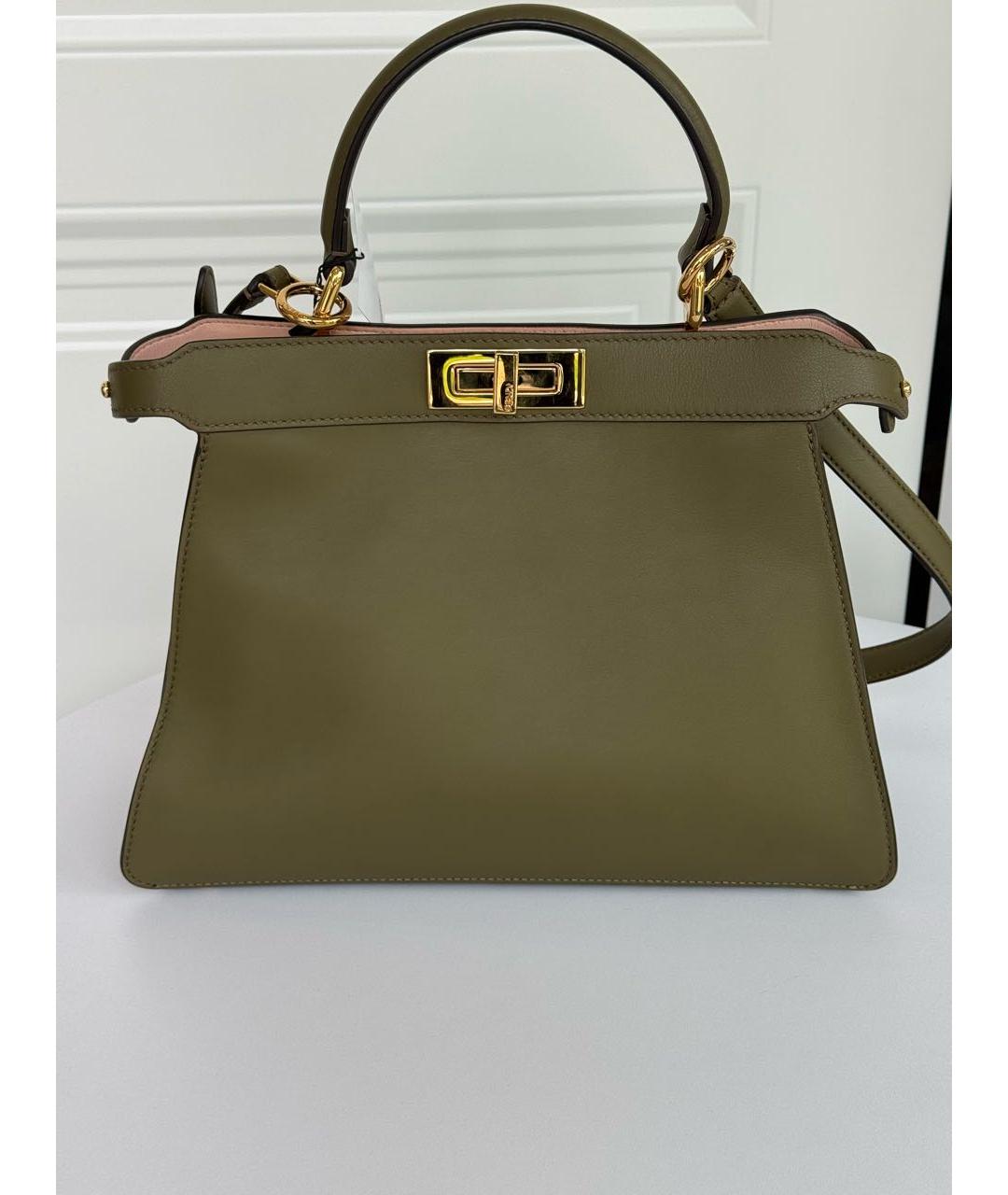 FENDI Хаки кожаная сумка с короткими ручками, фото 2