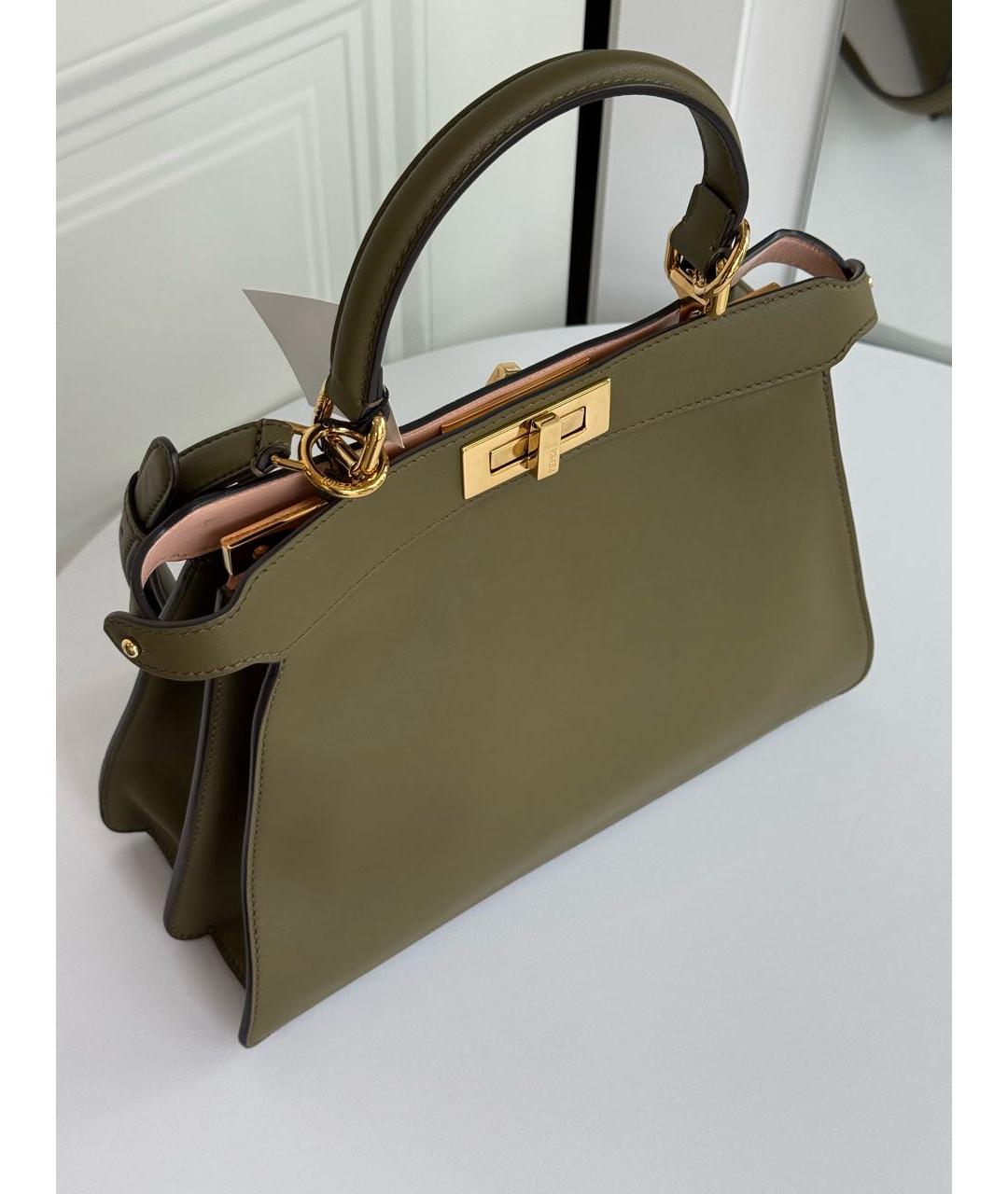 FENDI Хаки кожаная сумка с короткими ручками, фото 4