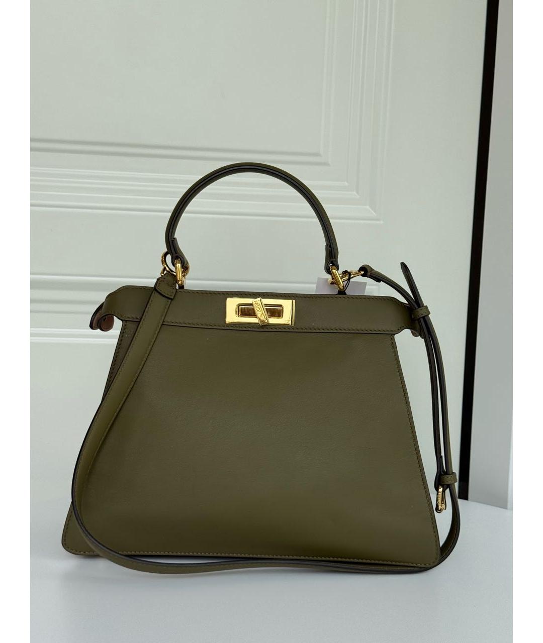 FENDI Хаки кожаная сумка с короткими ручками, фото 9