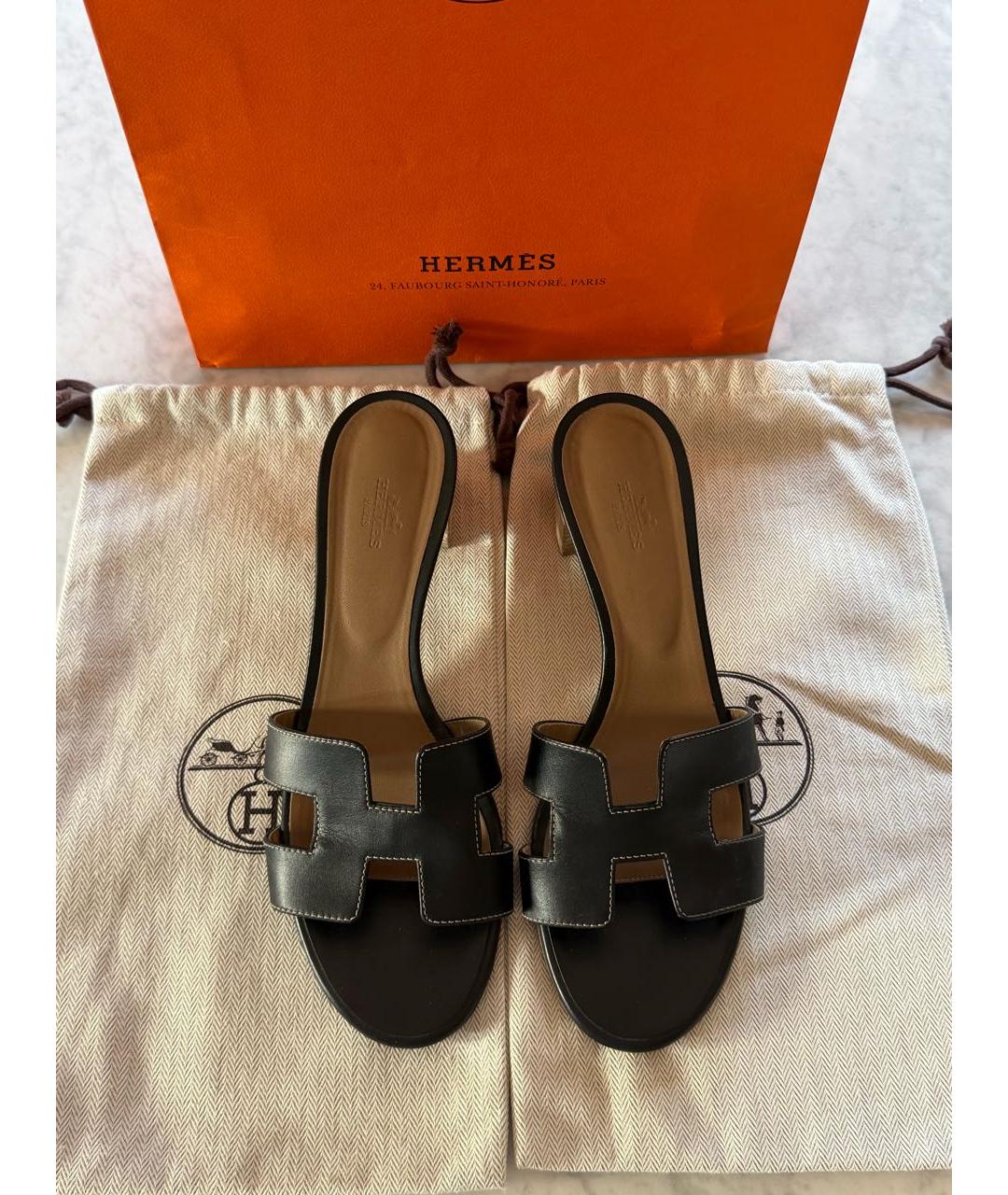 HERMES Черные кожаные мюли, фото 5