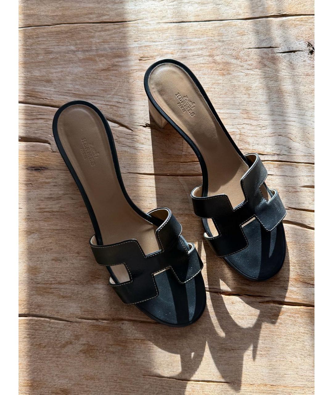 HERMES Черные кожаные мюли, фото 2