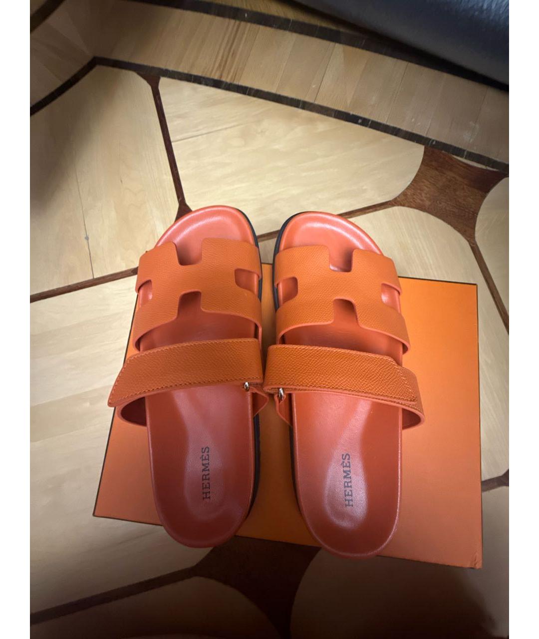 HERMES Оранжевое кожаные шлепанцы, фото 4