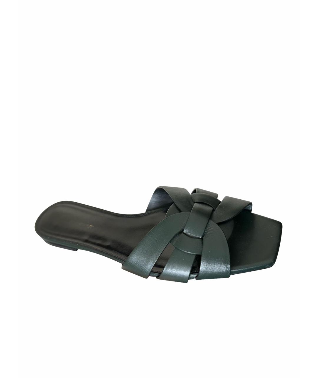 SAINT LAURENT Зеленые кожаные шлепанцы, фото 1