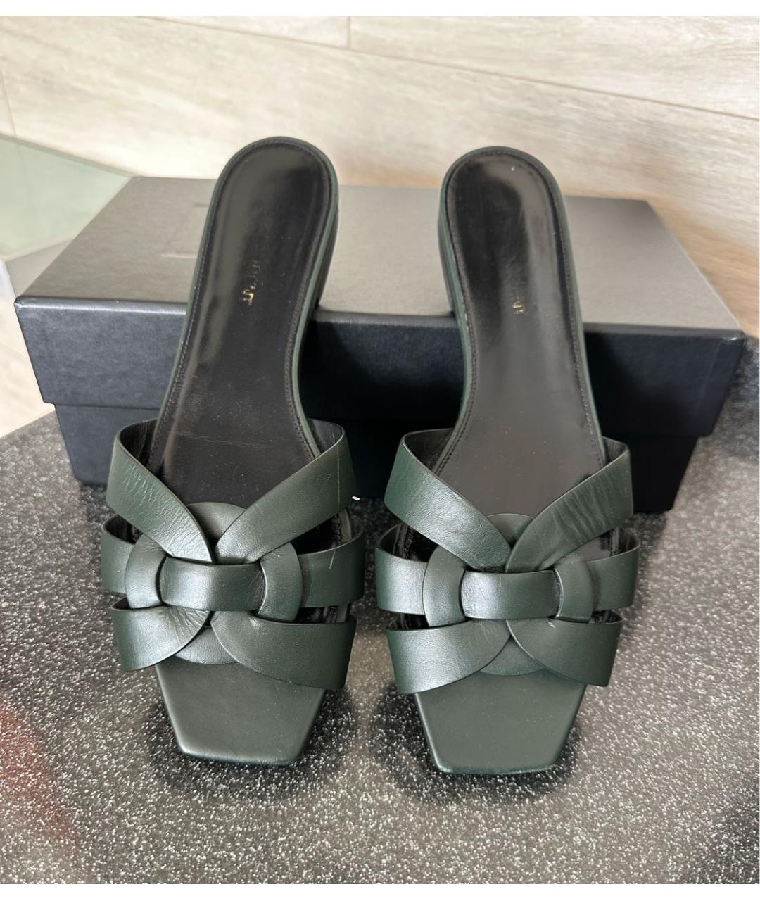 SAINT LAURENT Зеленые кожаные шлепанцы, фото 2