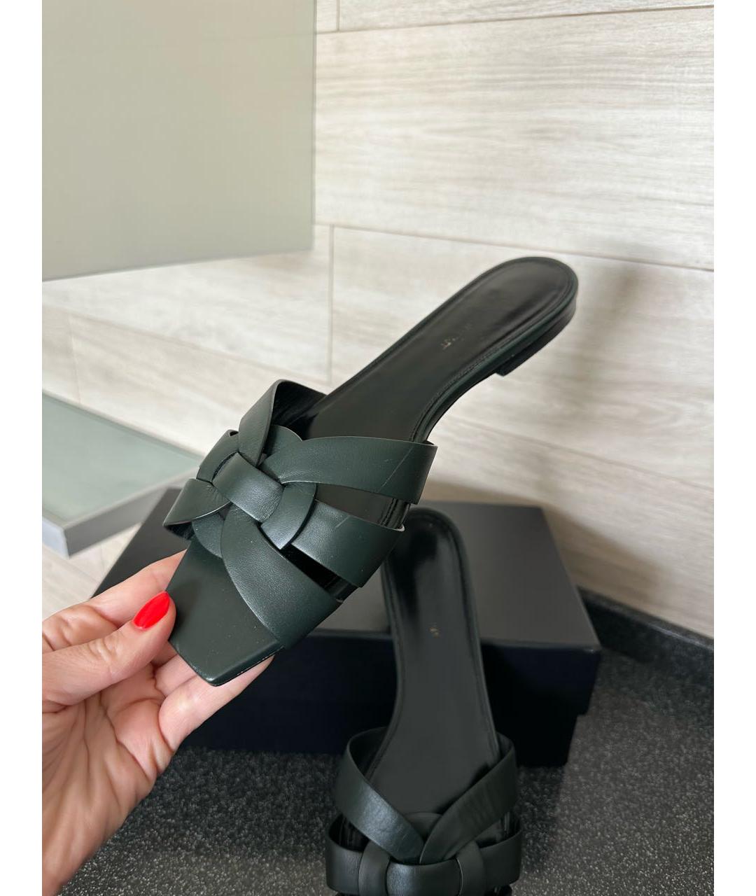 SAINT LAURENT Зеленые кожаные шлепанцы, фото 3