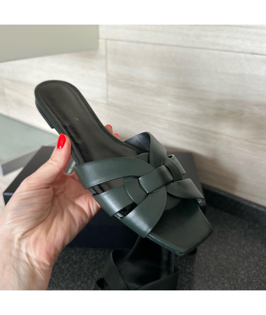 SAINT LAURENT Зеленые кожаные шлепанцы, фото 5