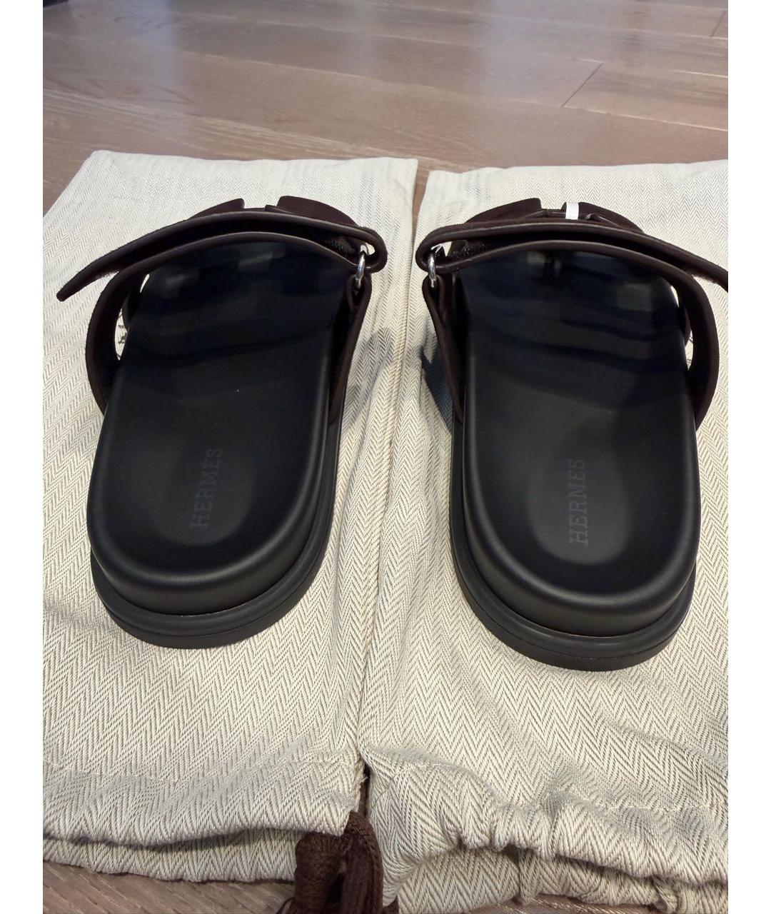 HERMES Коричневые замшевые шлепанцы, фото 4