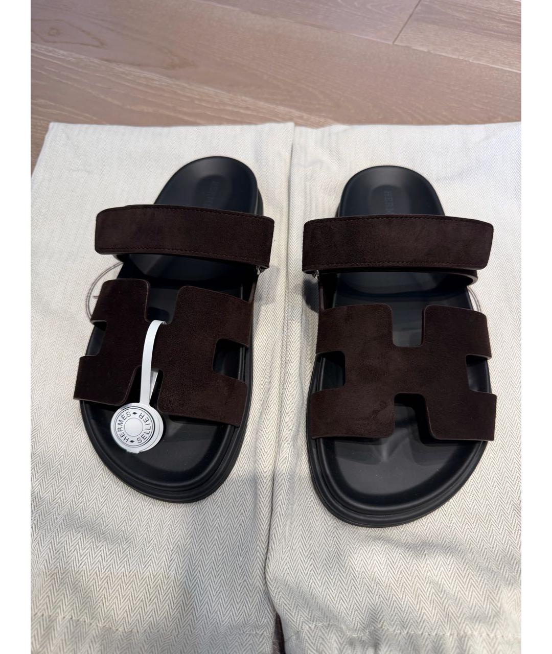 HERMES Коричневые замшевые шлепанцы, фото 2