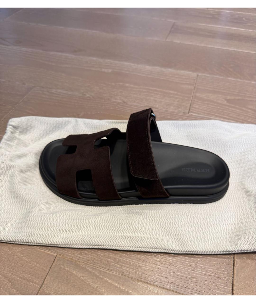 HERMES Коричневые замшевые шлепанцы, фото 5