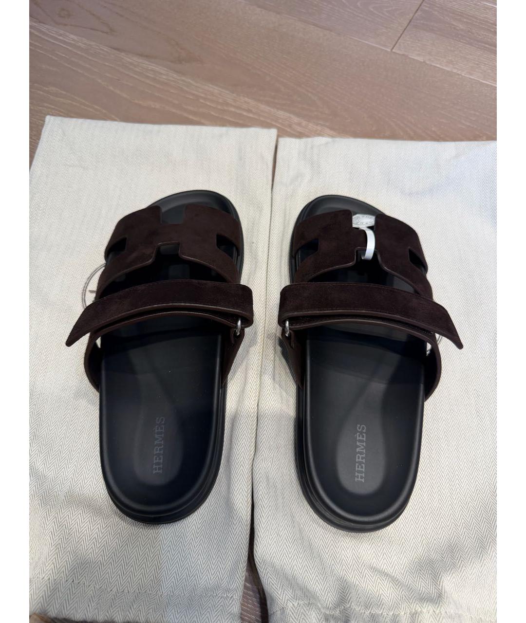 HERMES Коричневые замшевые шлепанцы, фото 3