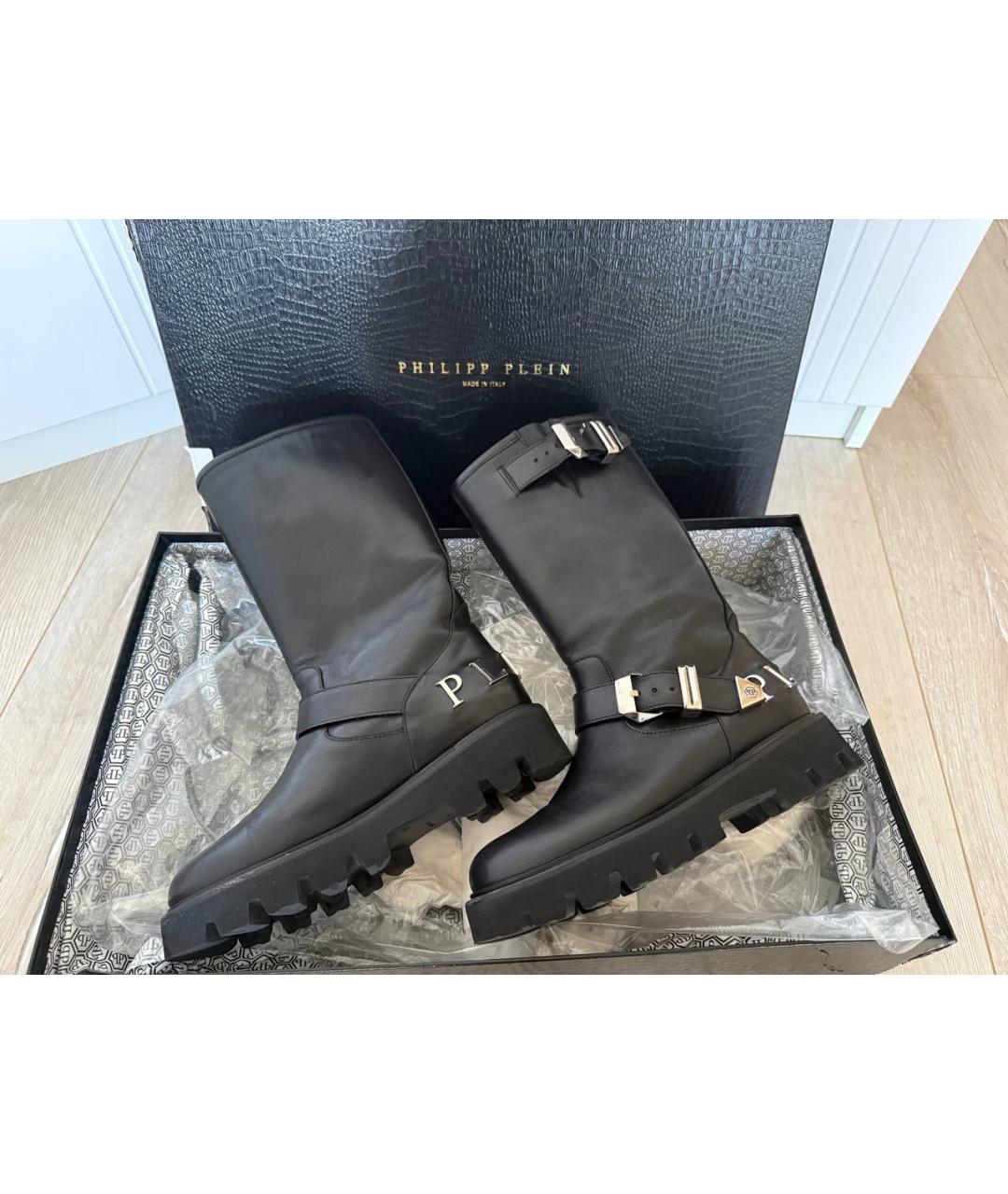 PHILIPP PLEIN Черные кожаные сапоги, фото 2