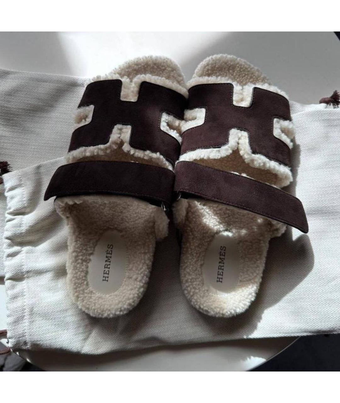 HERMES Коричневые замшевые шлепанцы, фото 2