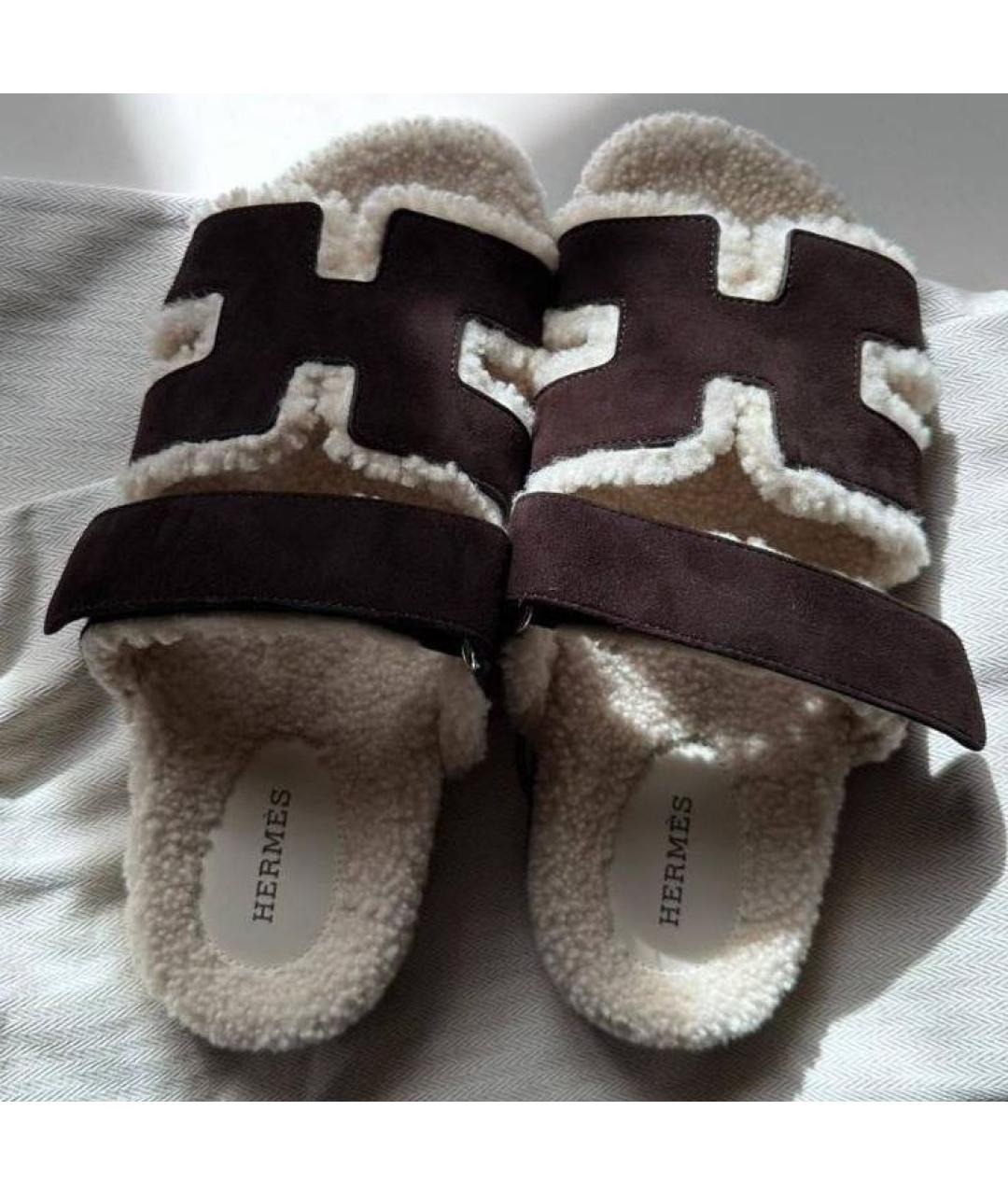 HERMES Коричневые замшевые шлепанцы, фото 7