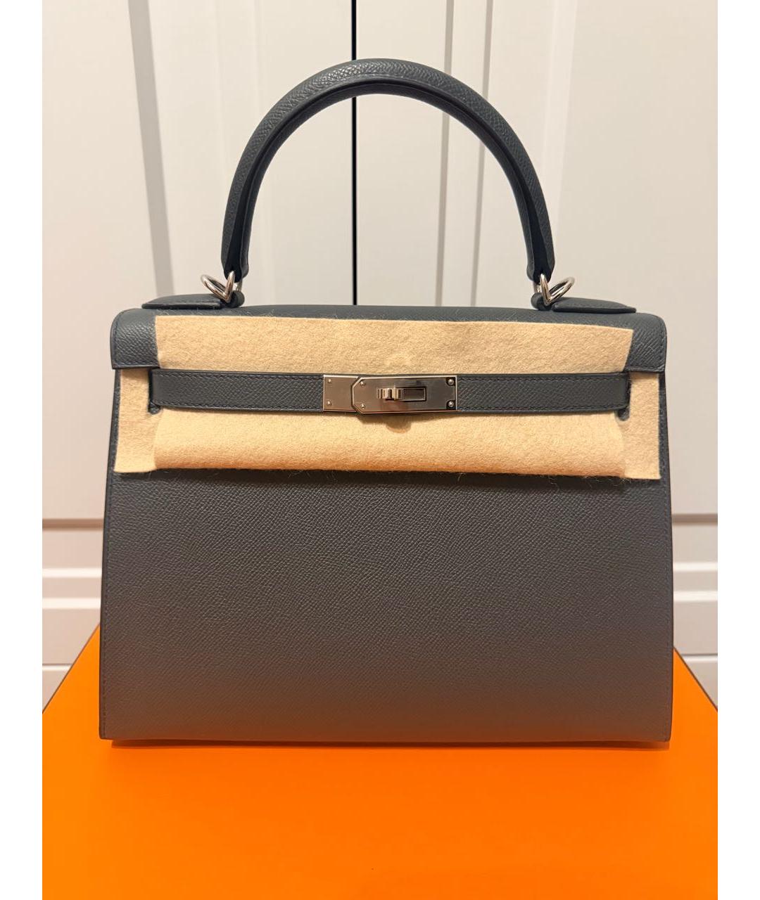 HERMES Серая кожаная сумка с короткими ручками, фото 6