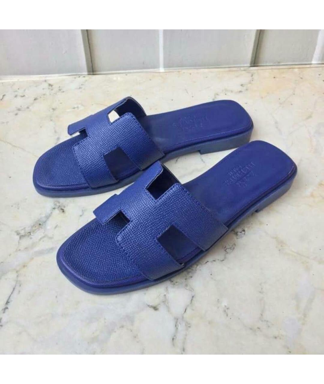 HERMES Темно-синие кожаные шлепанцы, фото 6