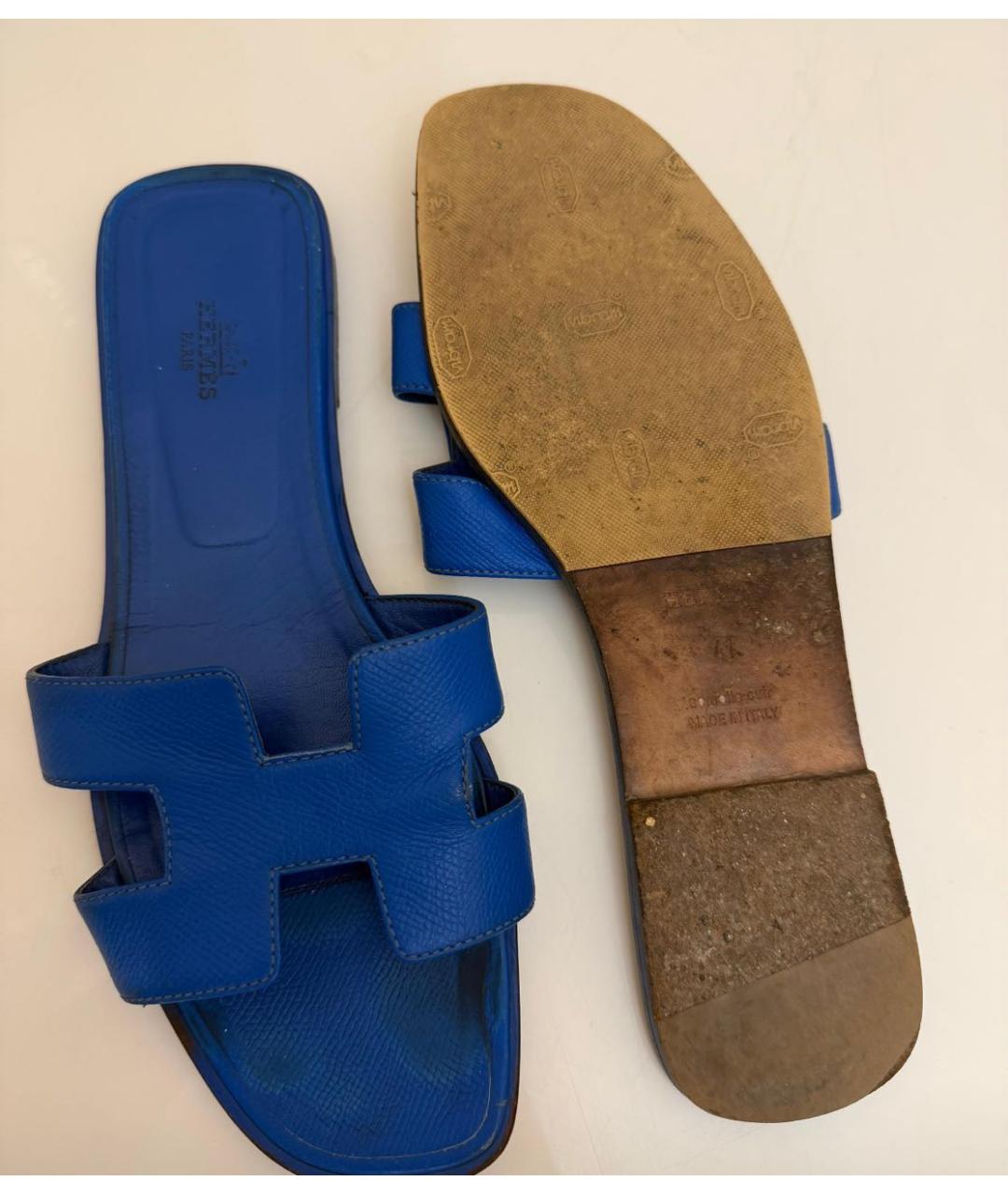 HERMES Темно-синие кожаные шлепанцы, фото 4