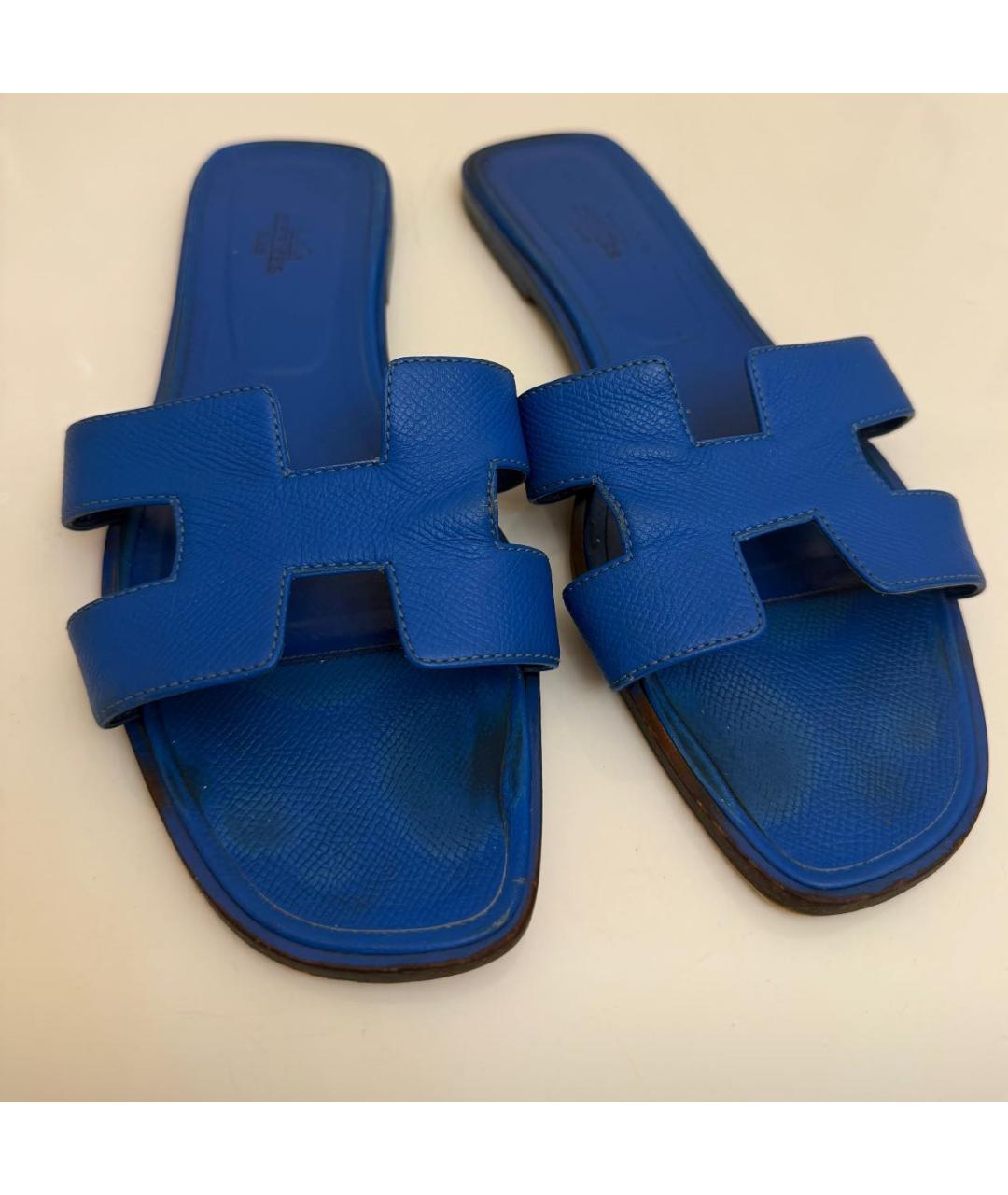 HERMES Темно-синие кожаные шлепанцы, фото 5