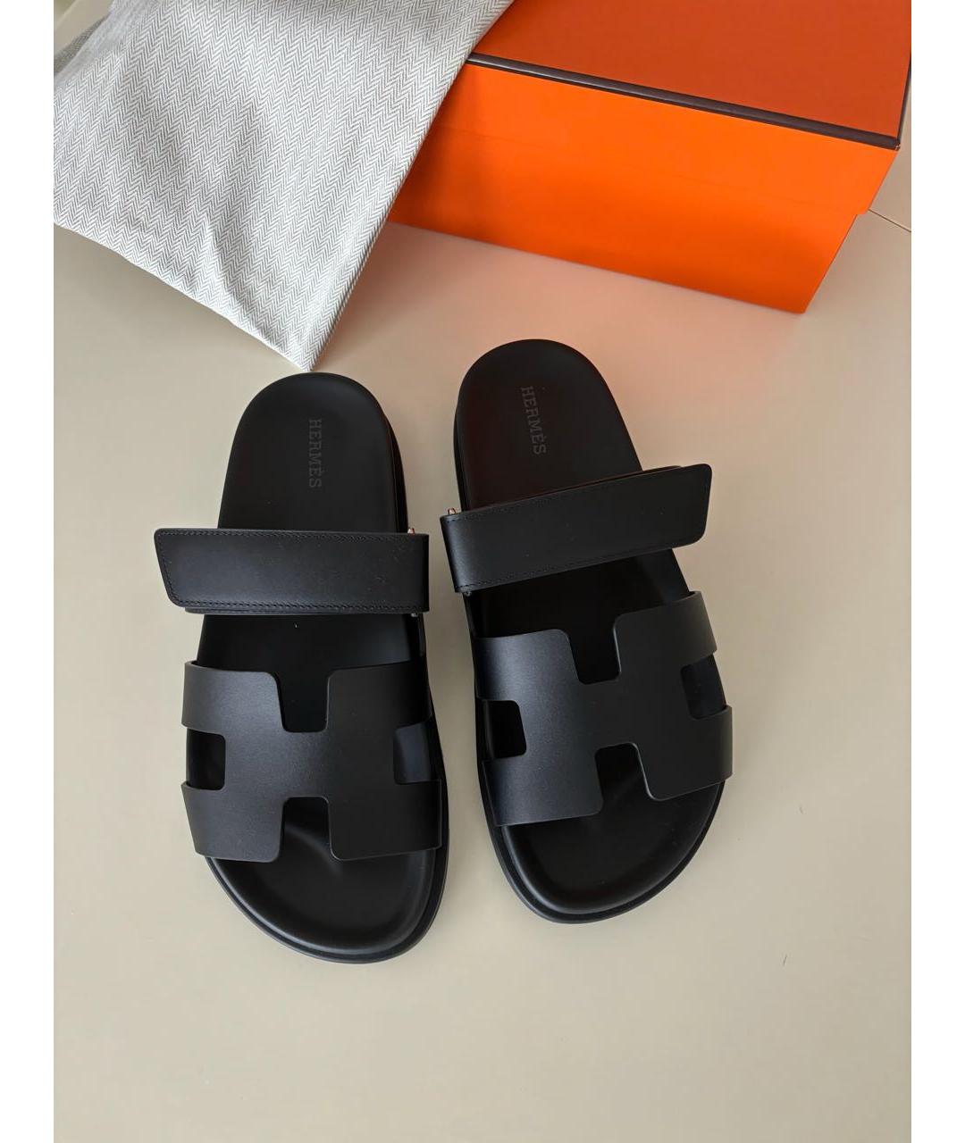 HERMES Черные кожаные шлепанцы, фото 2