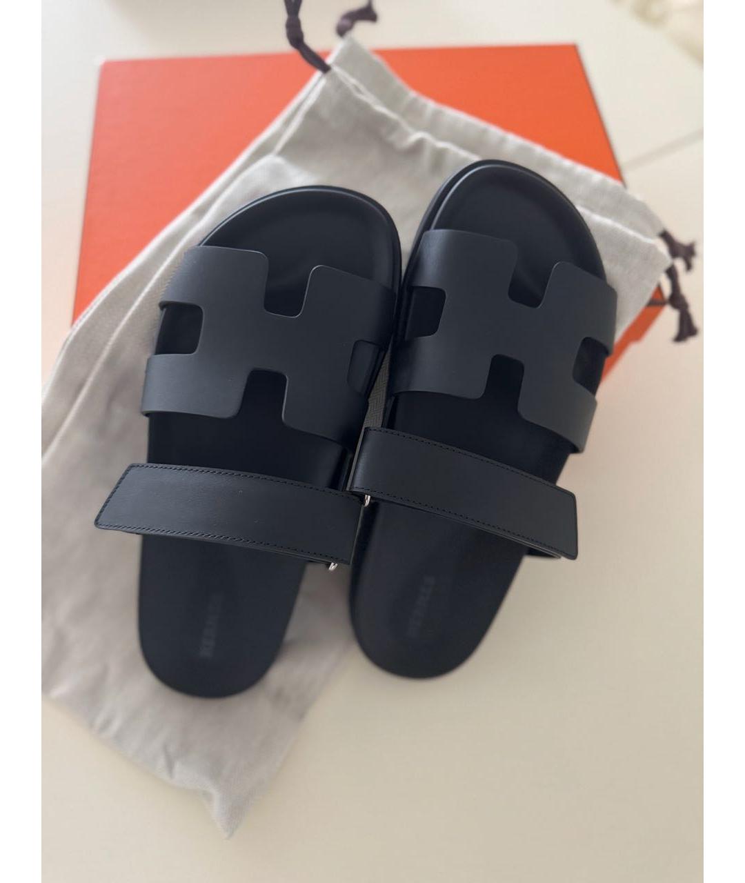 HERMES Черные кожаные шлепанцы, фото 8