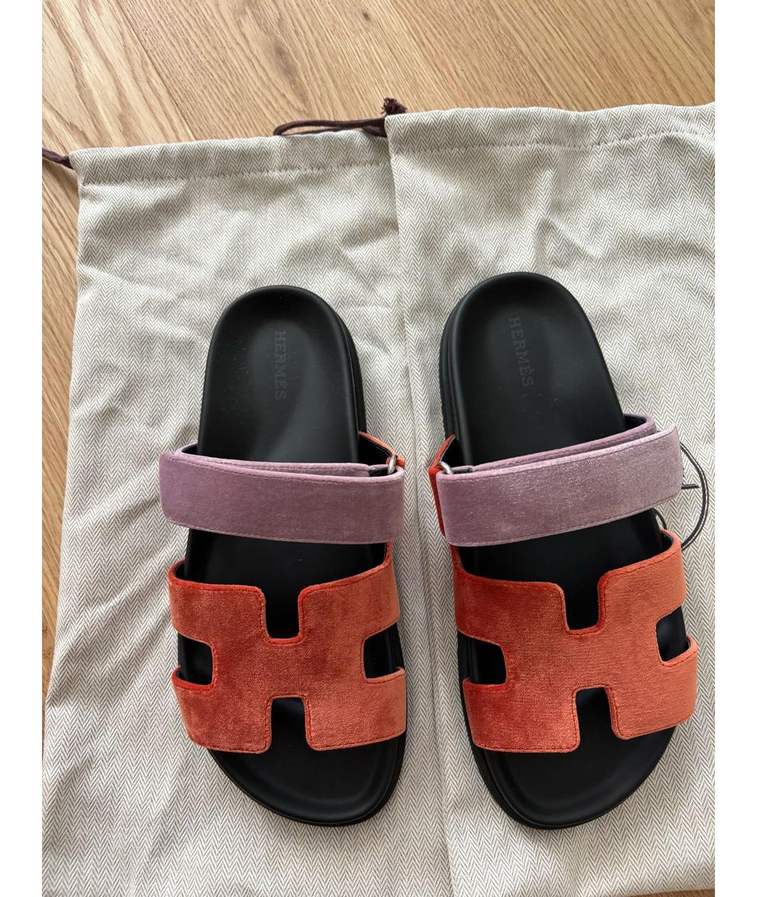 HERMES Коралловые бархатные шлепанцы, фото 2