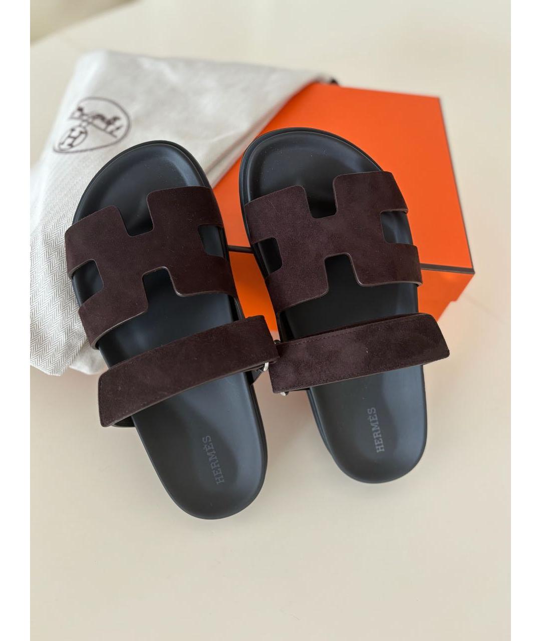 HERMES Коричневые замшевые шлепанцы, фото 8