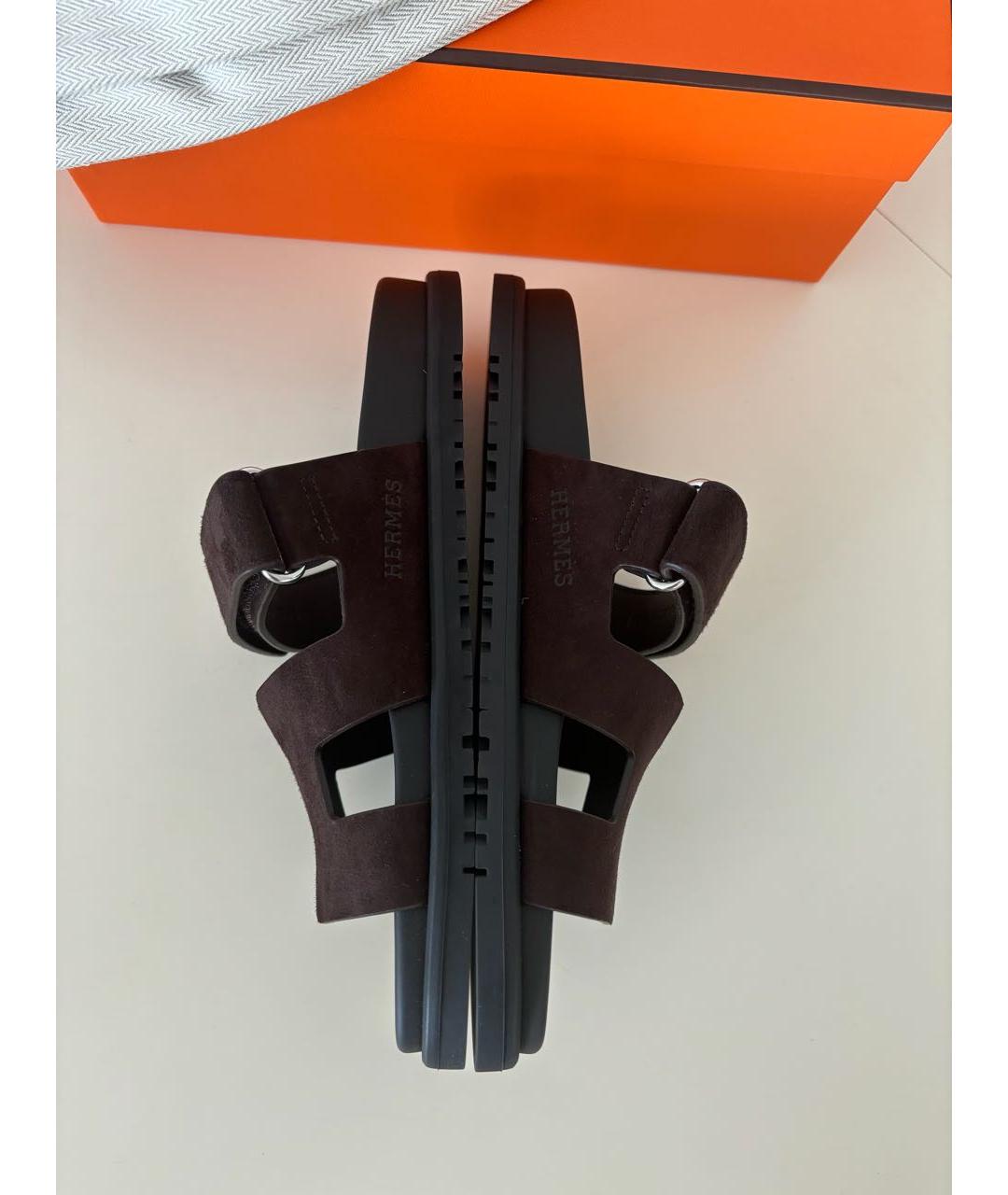 HERMES Коричневые замшевые шлепанцы, фото 3