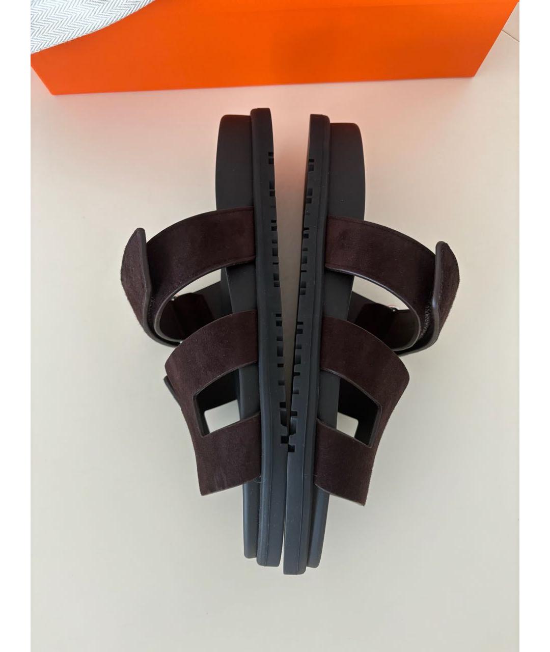 HERMES Коричневые замшевые шлепанцы, фото 4