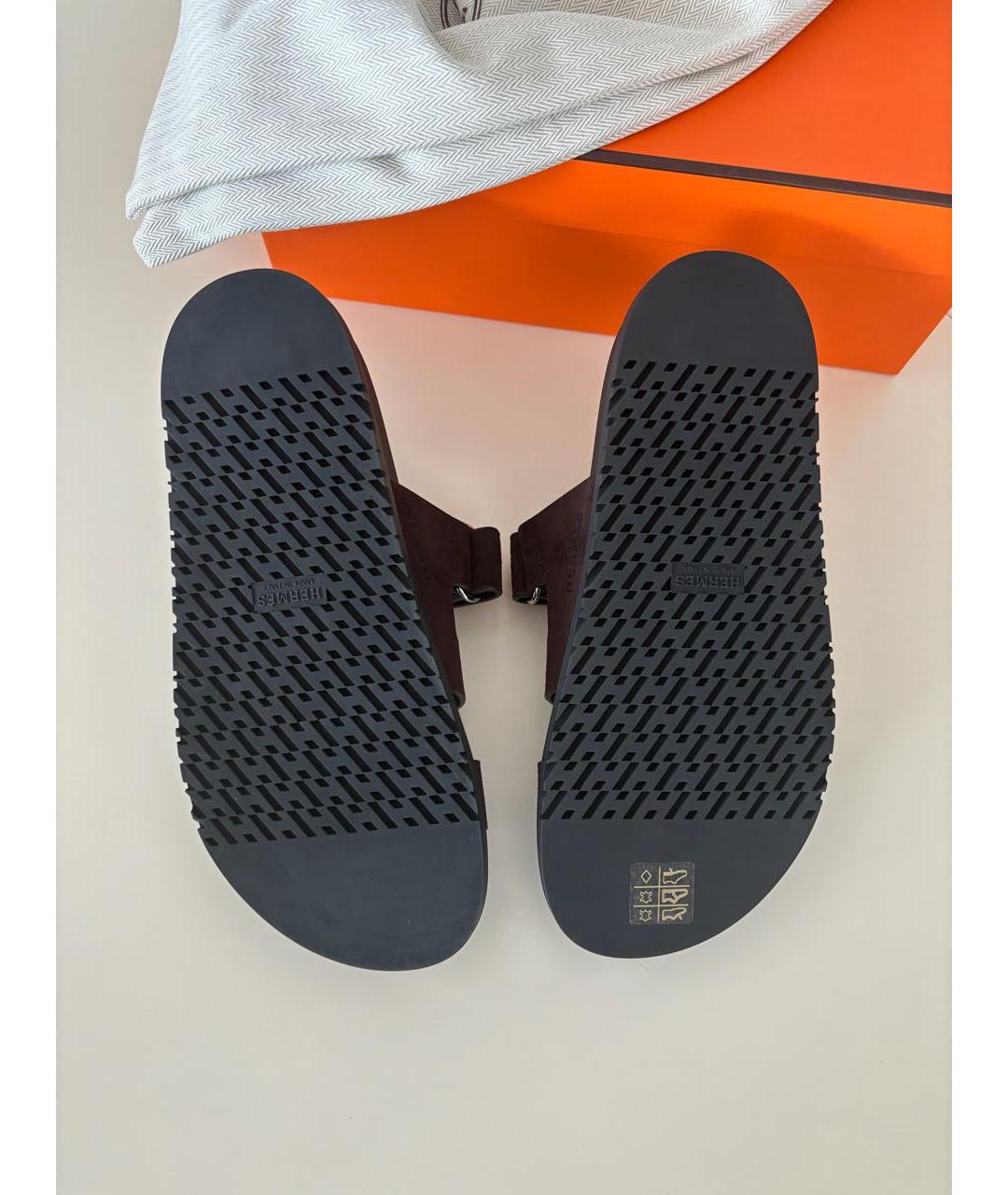 HERMES Коричневые замшевые шлепанцы, фото 5