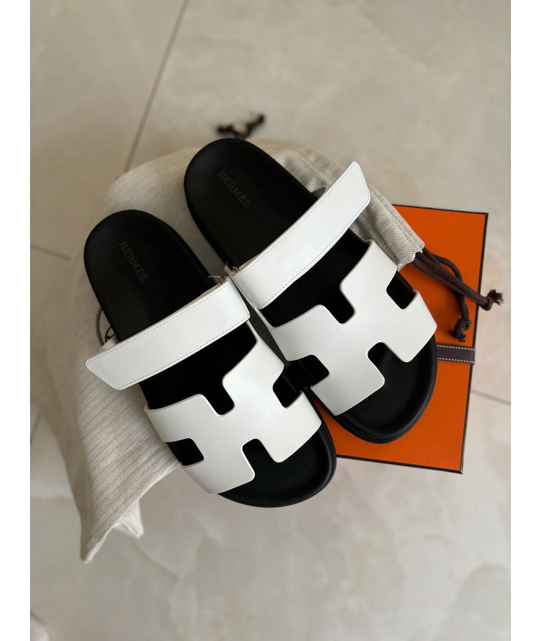 HERMES Белые кожаные шлепанцы, фото 8