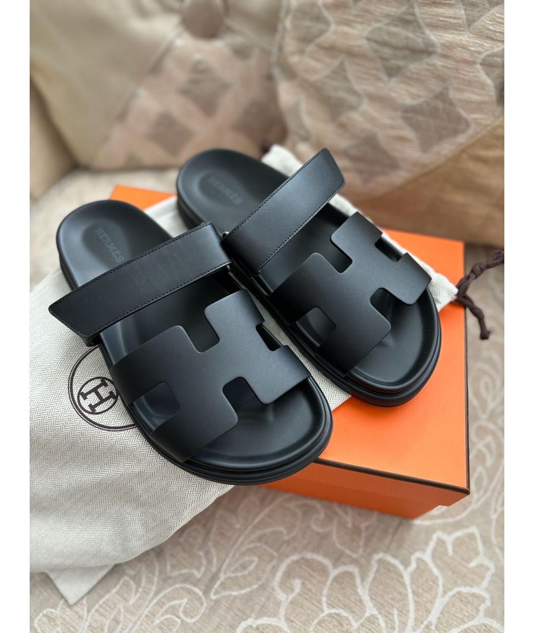 HERMES Черные кожаные шлепанцы, фото 8