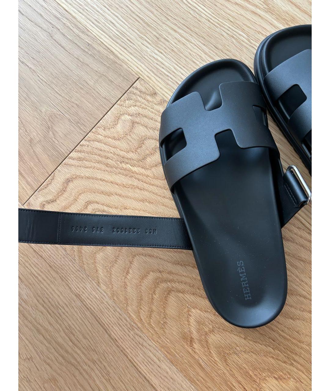 HERMES Черные кожаные шлепанцы, фото 6