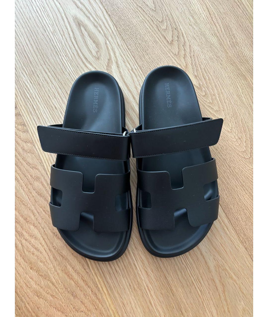 HERMES Черные кожаные шлепанцы, фото 2