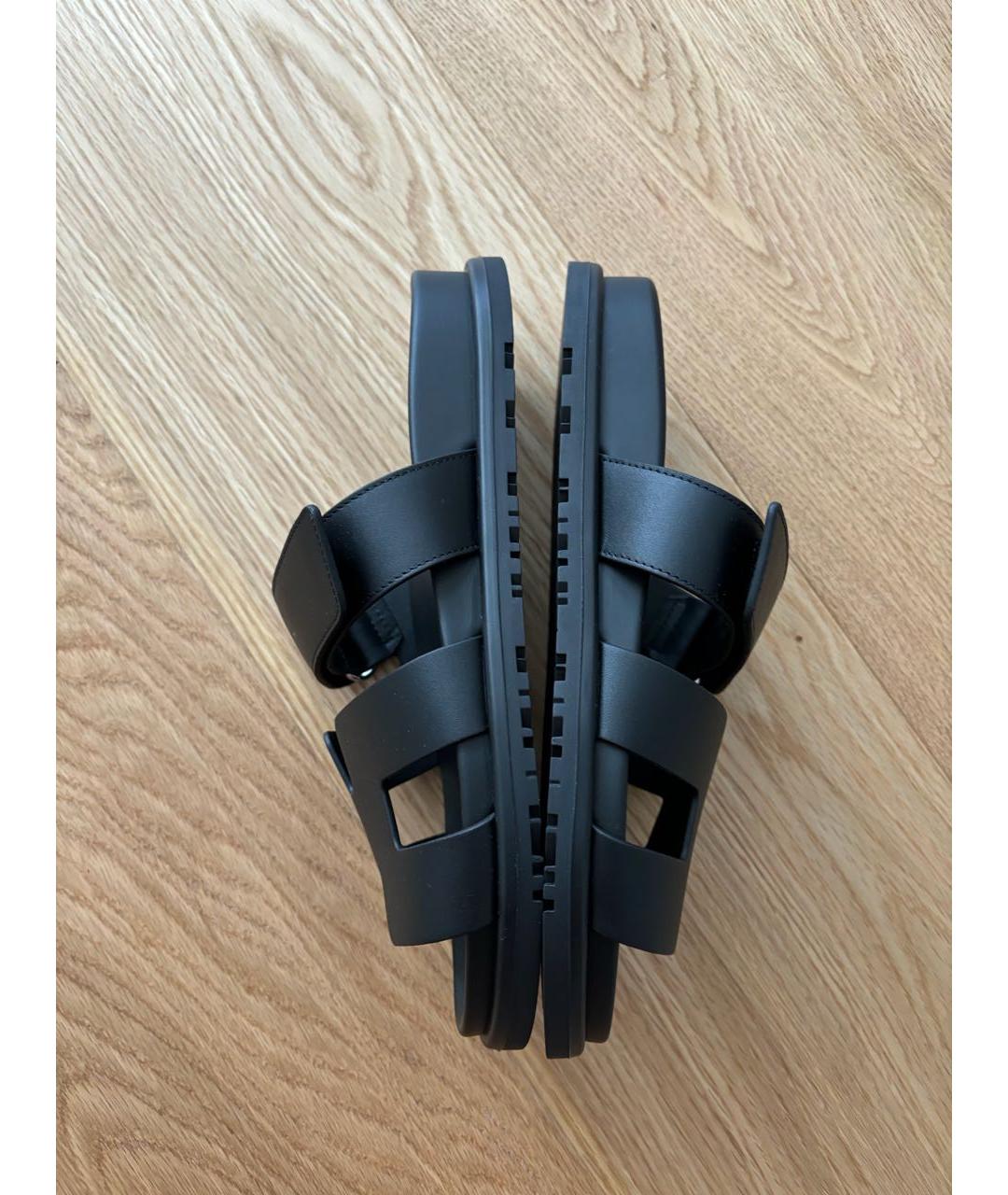 HERMES Черные кожаные шлепанцы, фото 4