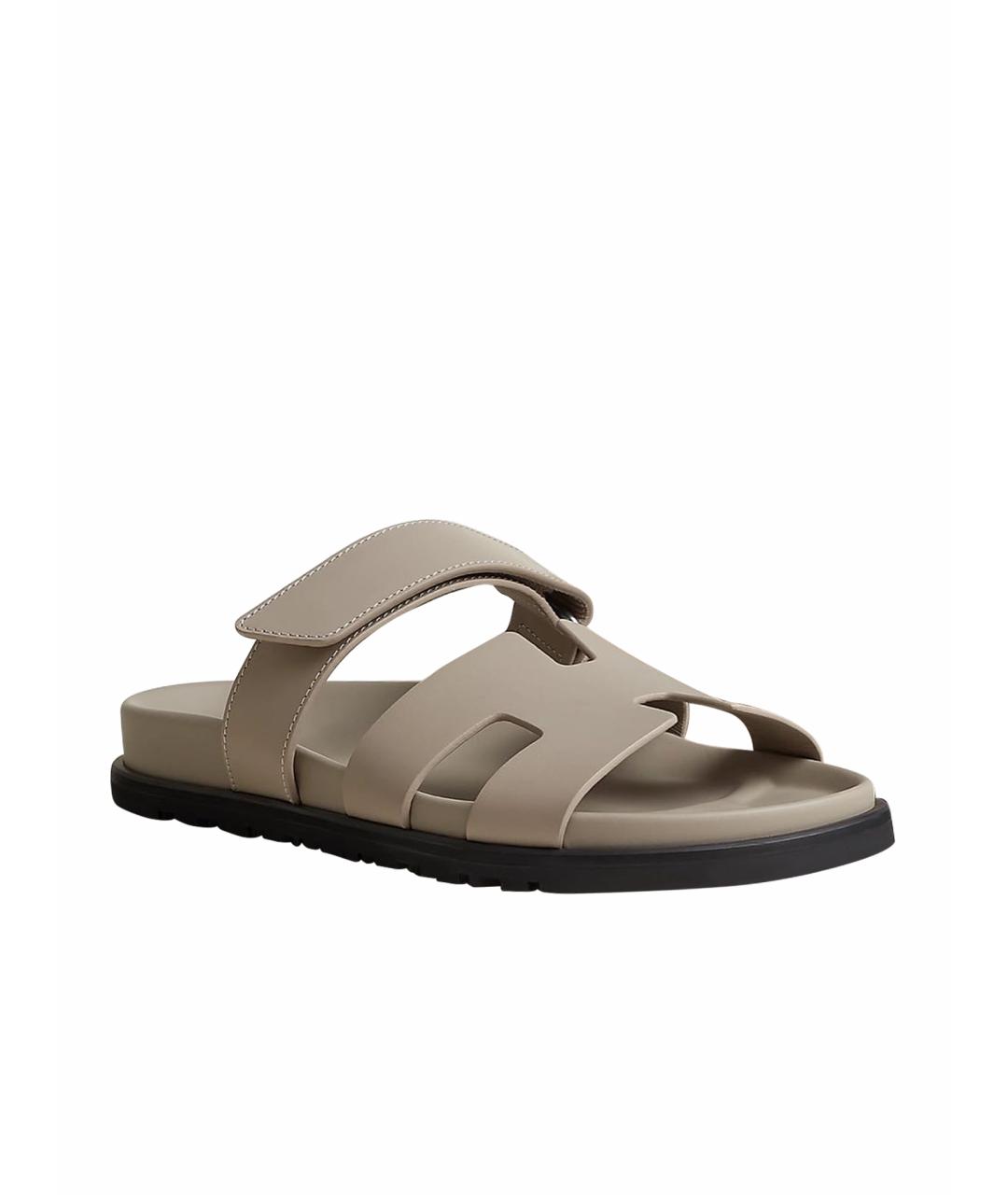 HERMES Серые кожаные шлепанцы, фото 1