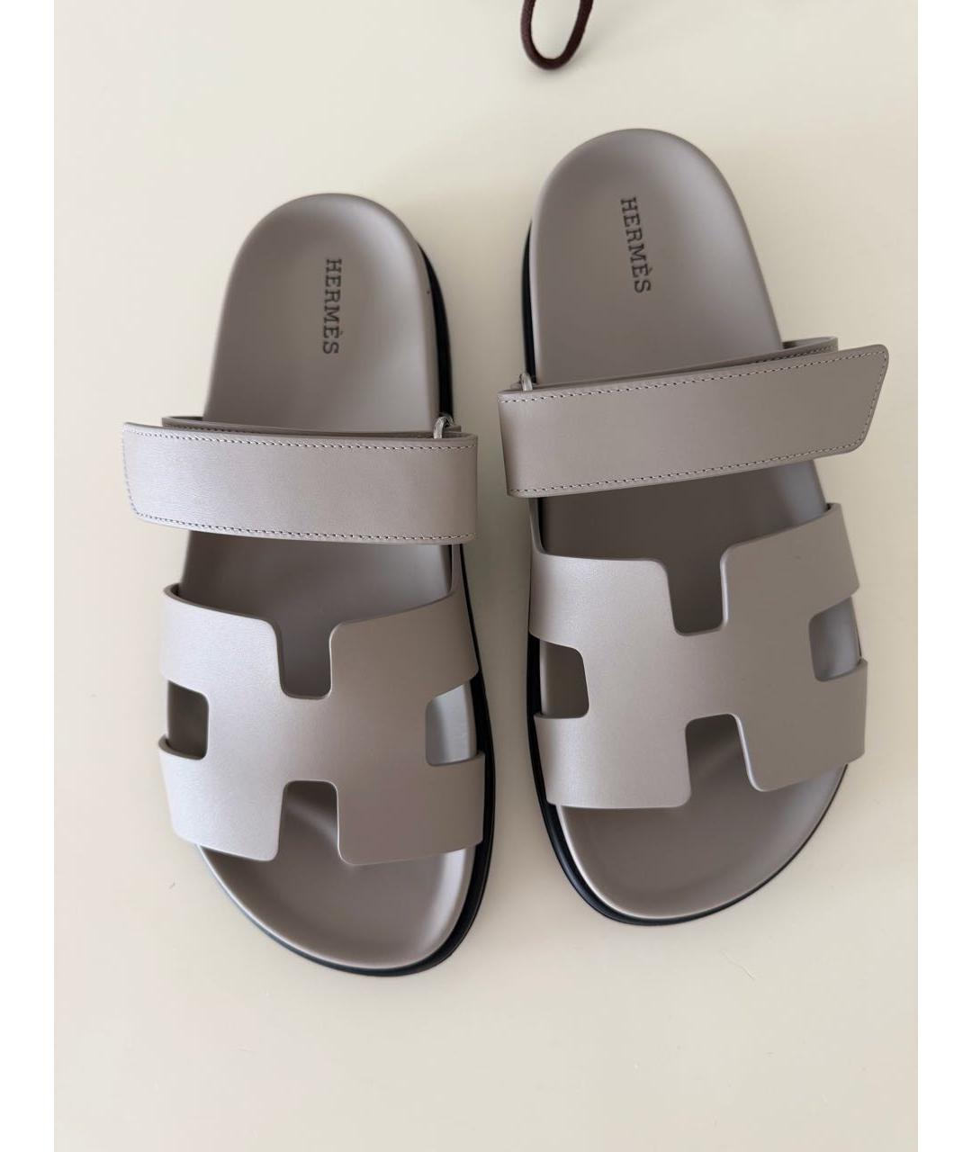 HERMES Серые кожаные шлепанцы, фото 2