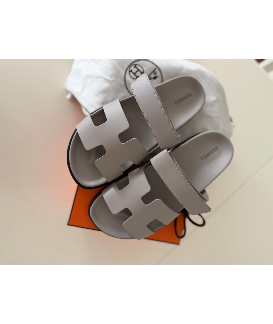HERMES Серые кожаные шлепанцы, фото 8