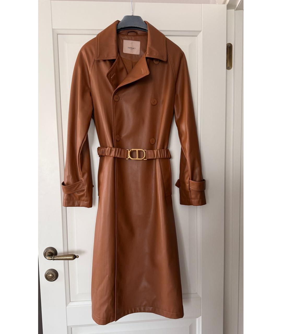 TWIN-SET Коричневый полиуретановый тренч/плащ, фото 2
